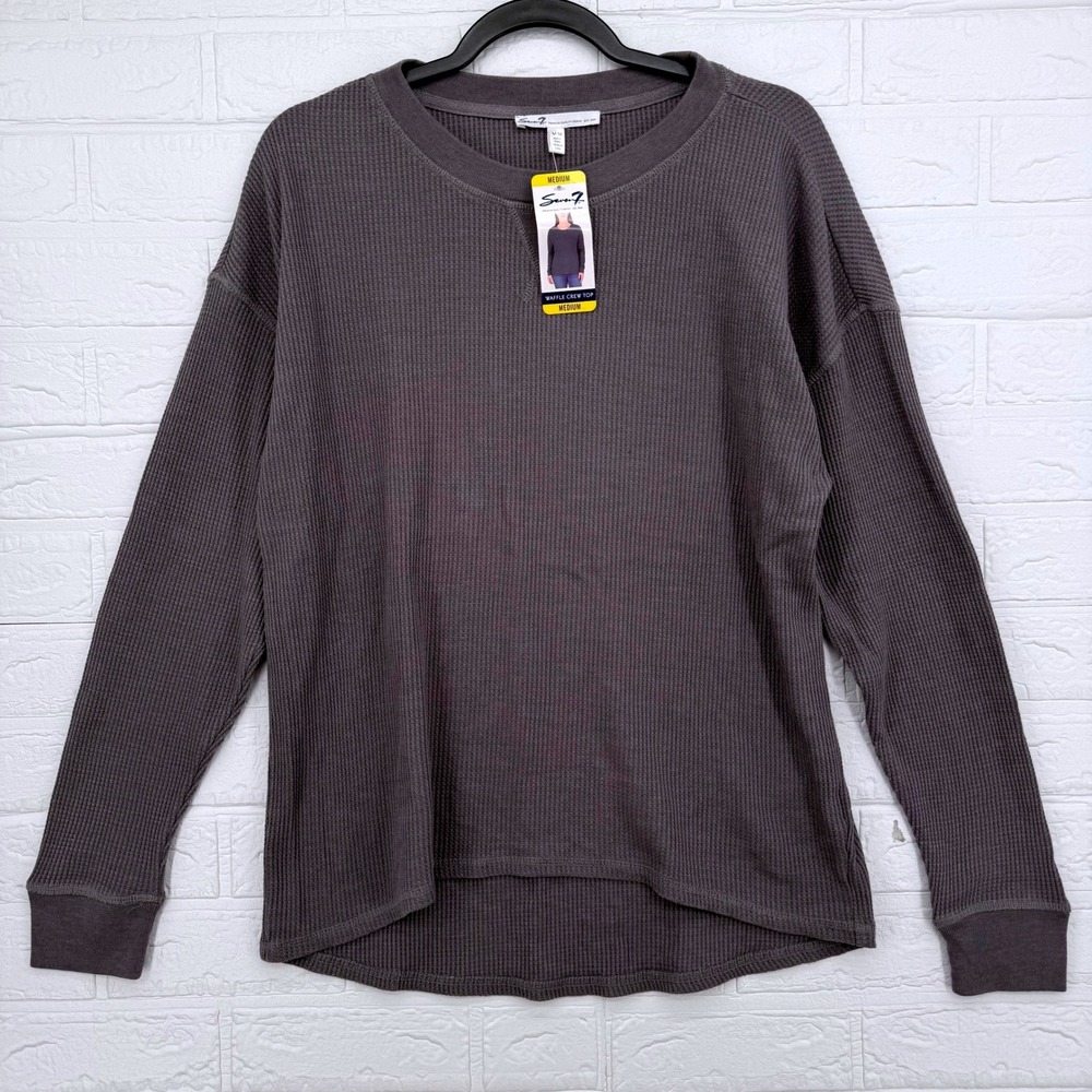 Seven7 Waffle Crew Top Women Medium Grey Long Sleeve Knit Casual Loungewear NWT